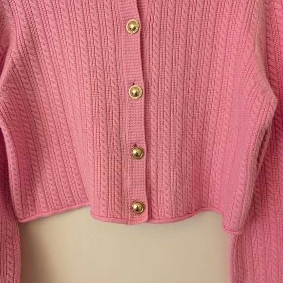 Carly Jean Womens Small Cable Knit Cardigan Sweater Pink Coquette Cottage Preppy - Picture 2 of 7